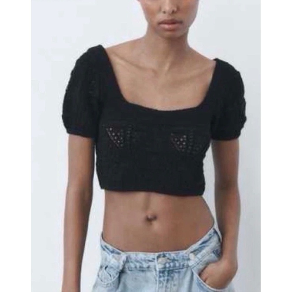 Zara Black Pointelle Knit Crop Top Square Neck Short Puff Sleeve NWT Size M